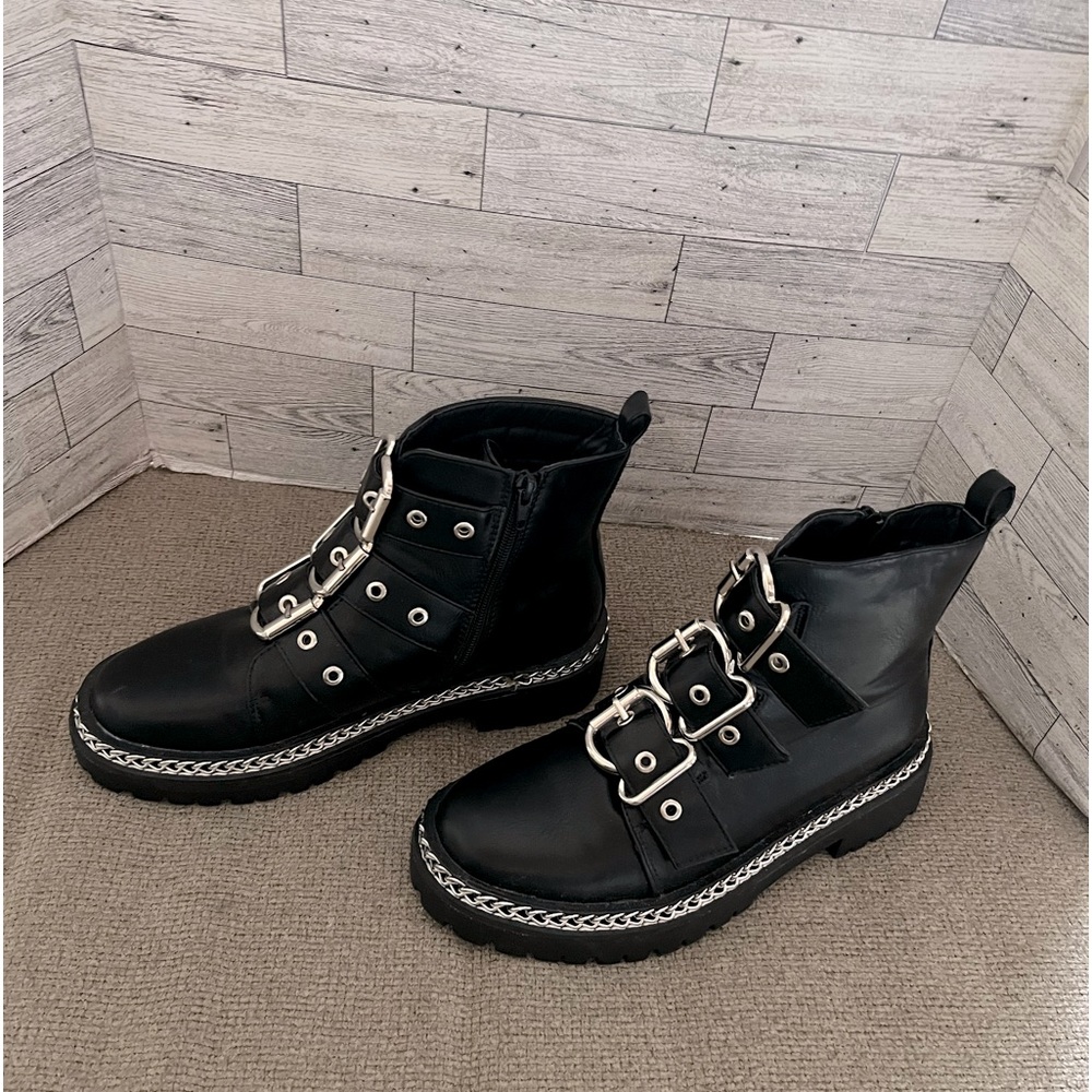 Truffle Collection chunky buckle boots in black Size 8 US Euro 39 side zipper